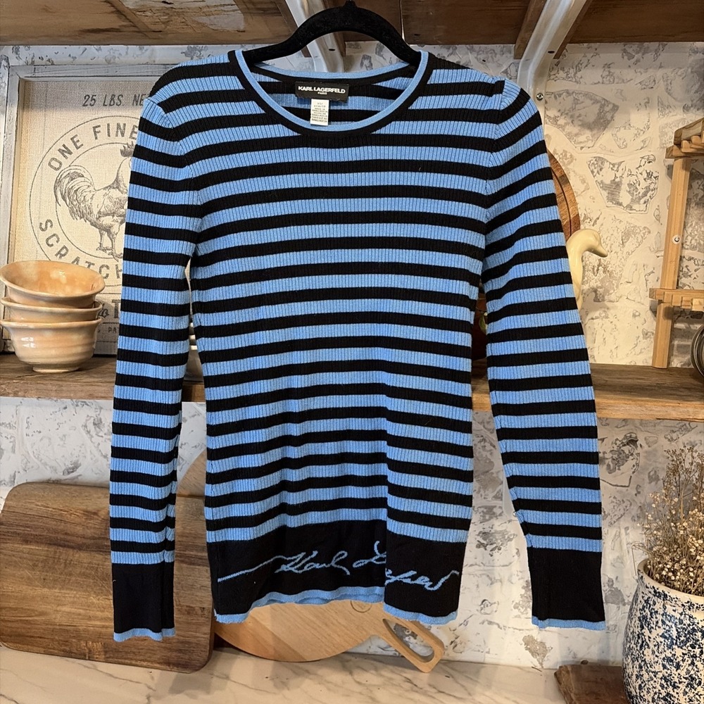 Karl Lagerfeld Paris Striped Rib Knit Long Sleeve Thermal Shirt Woman's XS